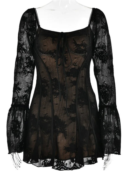 Backless Long Flare Sleeve Print Mini Dress Square Collar A-line Pleated Club Party Dress