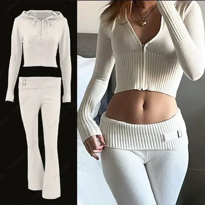 New Knitted Hoodie Cropped Top and Pants Sets White Y2k Outfits Low Waist Knit Two Piece Sets for Tracksuit
