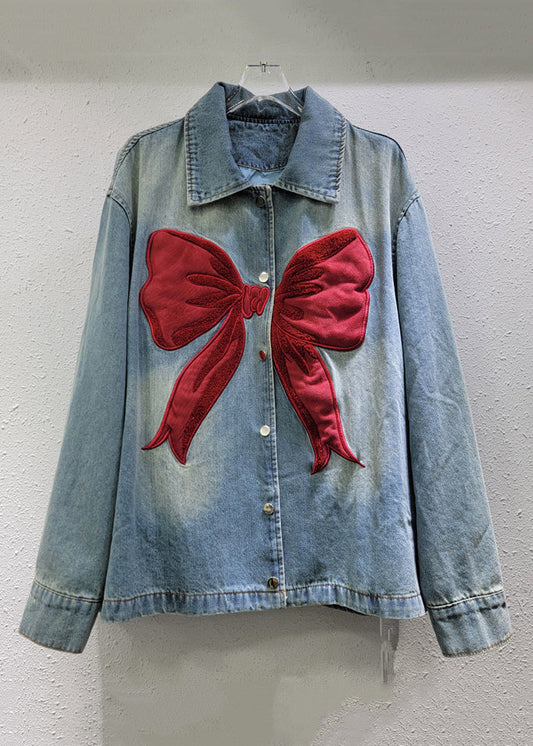 New Blue Peter Pan Collar Button Bow Denim Coat Spring