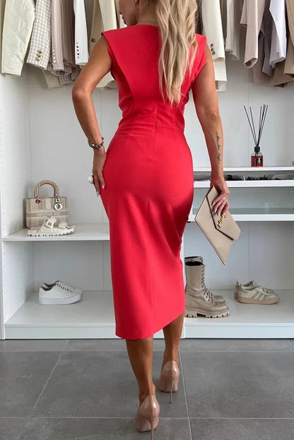 Color Round Neck Sleeveless Slim Fit Slit Midi Dress
