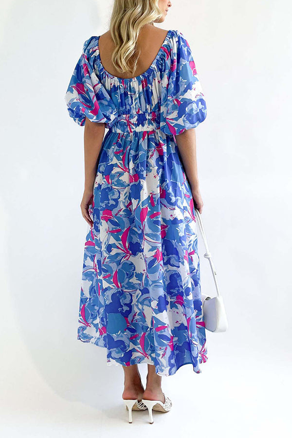 Square Neck Printed Puff Sleeve Long Dress