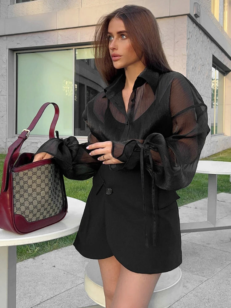 See Through Mesh Cardigan for Lace Up Long Sleeve Shirts Female Black Loose Shirt New