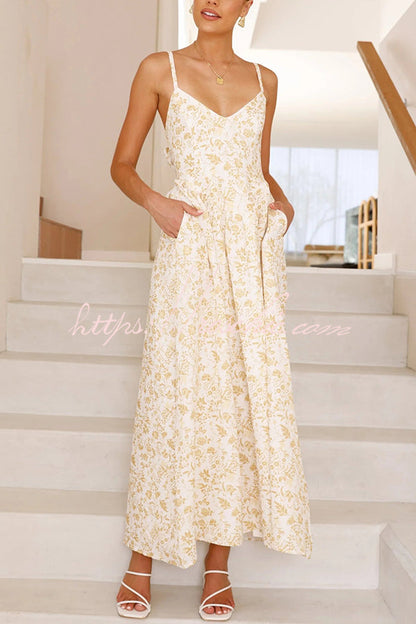 Print V-neck Sleeveless Back Tie Pocket Maxi Dress