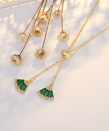 Green Copper Overgild Zircon Fan Shaped Pendant Necklace