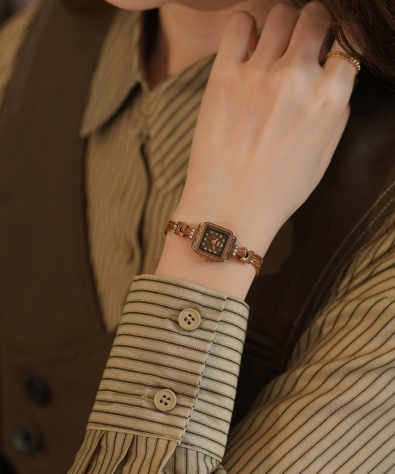 Coffee Alloy Zircon Tempered Glass Patchwork Chain Watches