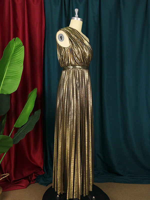 High Waisted Loose Asymmetric Pleated Shiny Color One-shoulder Maxi Dresses