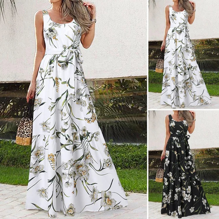 Summer Flower Print Sleeveless Long Dresses Vacation Style Dress O Neck High Waist Leace-up Maxi Vestidos