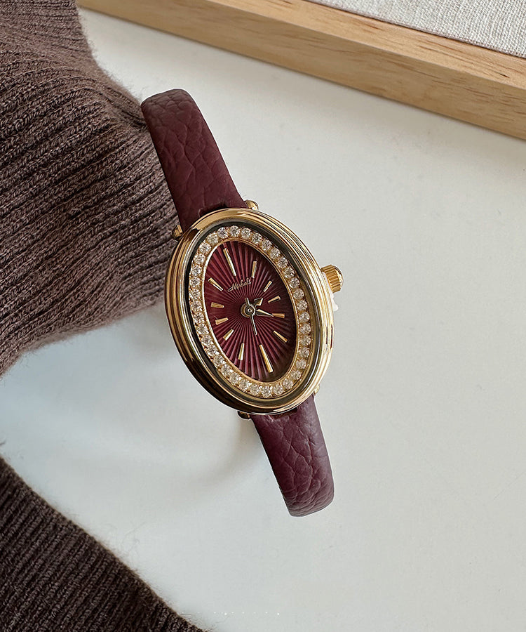Stylish Dark Red Leather Zircon Hardlex Crystal Watches
