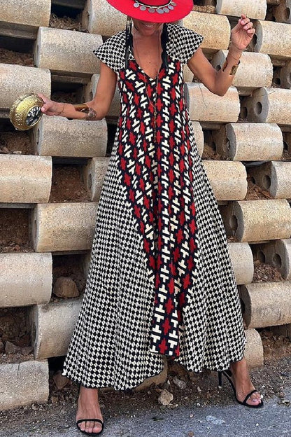 Fresh Breeze Unique Print Ruffle Sleeve A-line Maxi Dress