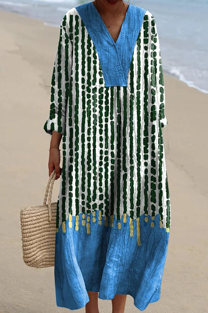 Dotted Line Stripe Print V-neck Long Sleeve Loose Midi Dress