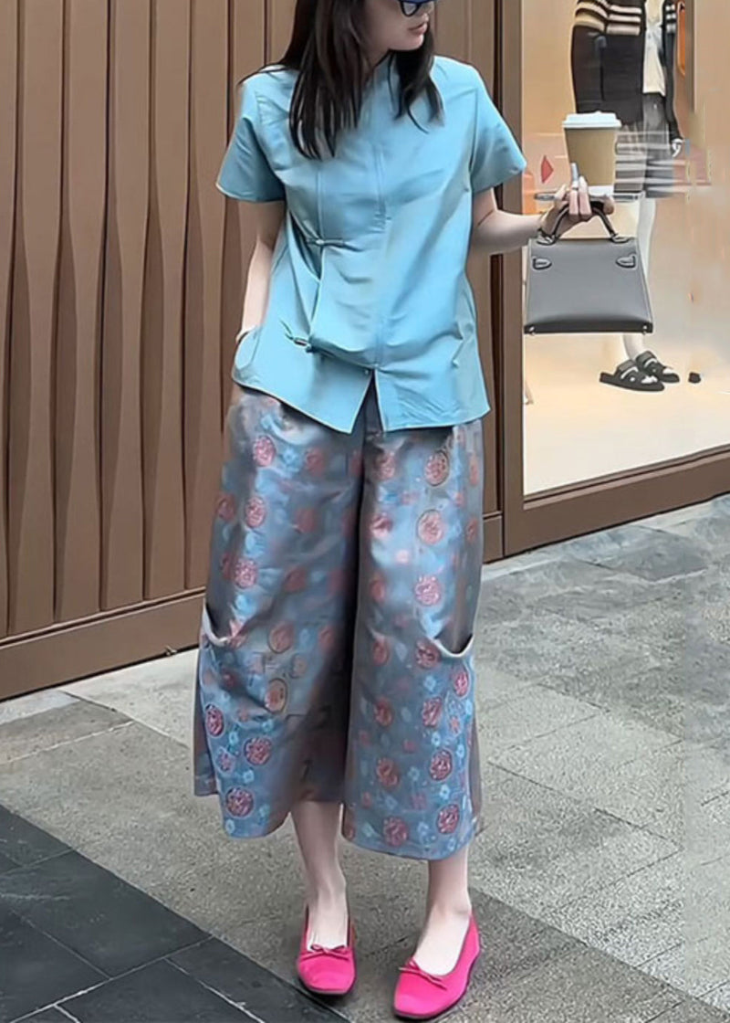 New Rose Button Shirt and Crop Pants Two-piece Set Summer Qp008