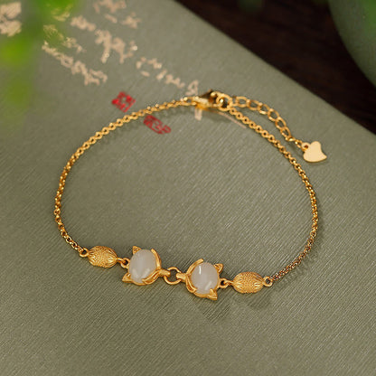 Buddha Stones 925 Sterling Silver Natural Hetian White Jade Cyan Jade Fox Luck Bracelet