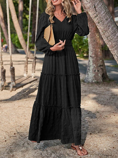 A-line Long Sleeves Elasticity Color Split-joint V-neck Maxi Dresses