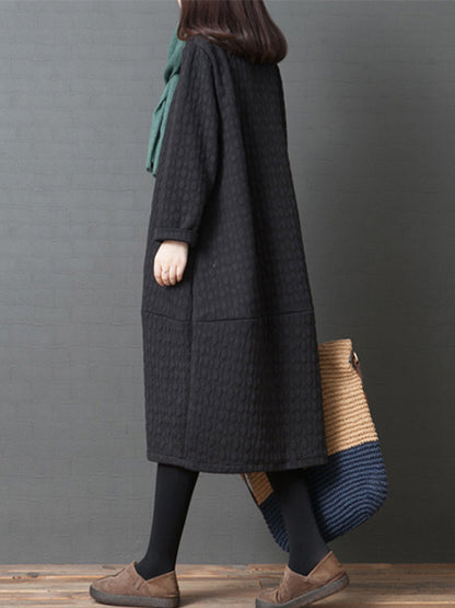 Loose Color Split-joint With Pocket Round-neck Long Sleeves Midi Dress
