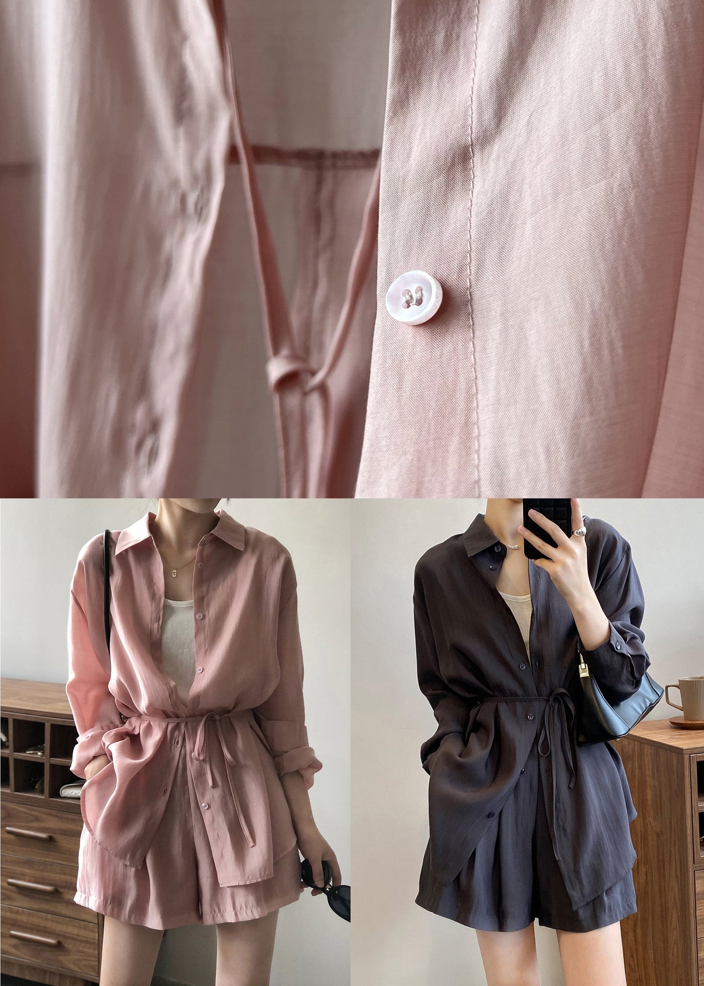Pieces Shorts Up Lace Two Set Shirts Silk Pockets Pink and Loose
