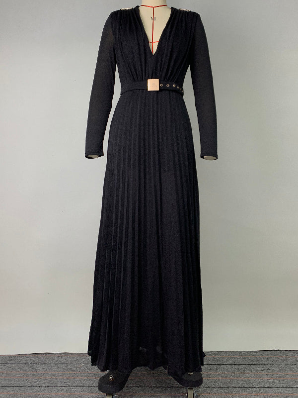 Long Sleeves Wrap Belted Pleated Color Split-side V-neck Evening Dresses Maxi Dresses