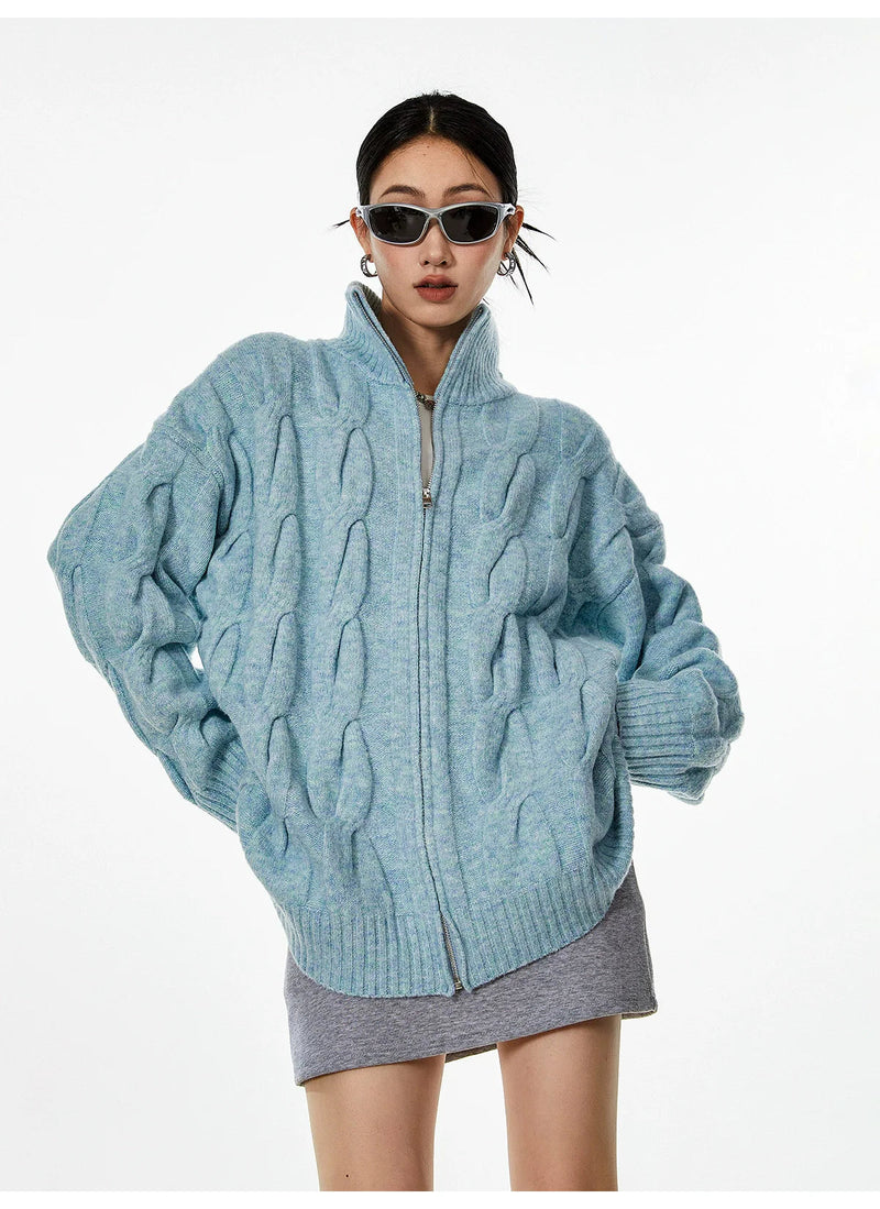 Ribbed Trim Cable Knit Zip-up Cardigan