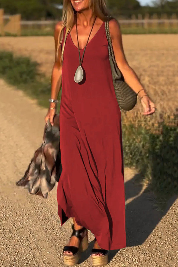 Color V-neck Sleeveless Loose Maxi Dress