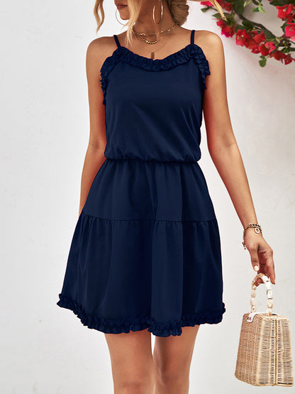 Loose Sleeveless Falbala Color Spaghetti-neck Mini Dresses