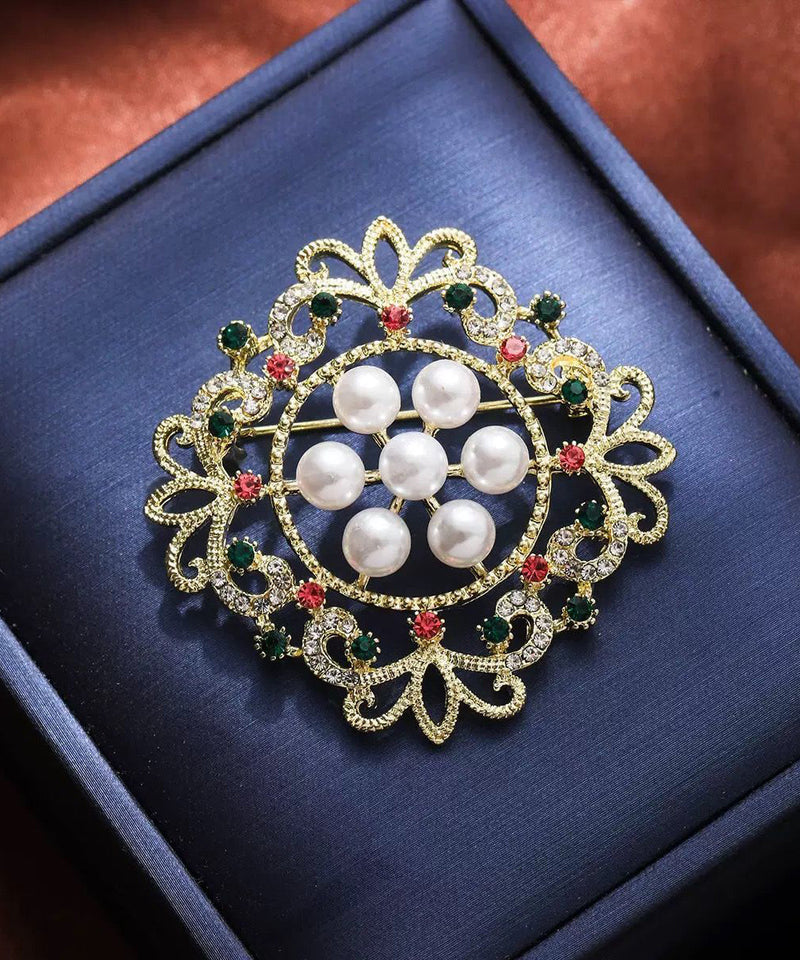 Fine Multicolor Alloy Zircon Snowflake Pearl Hollow Out Broochs