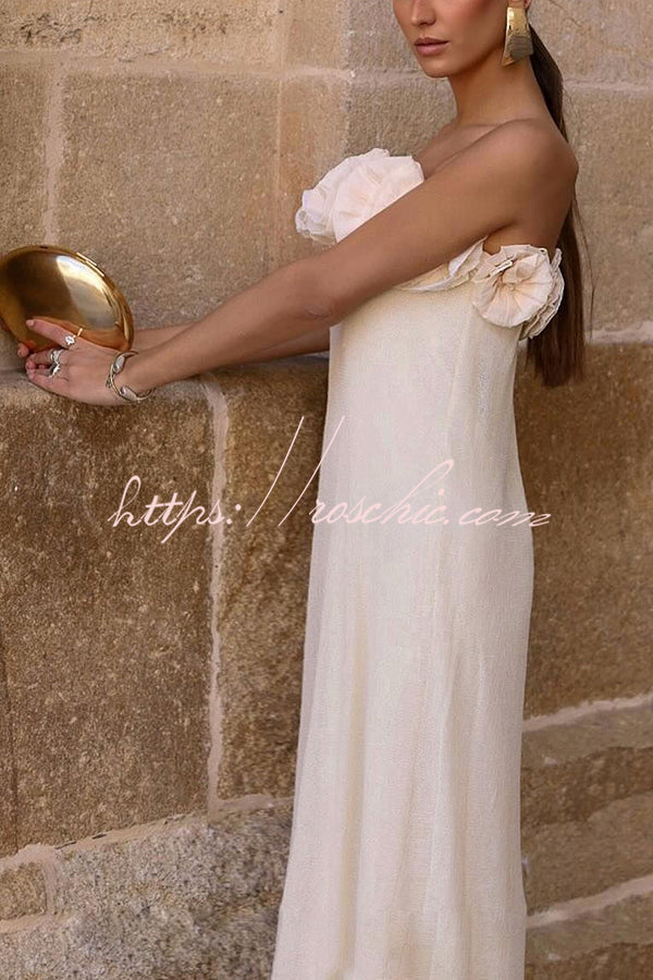 Blooming Flower Applique Elastic Off Shoulder Strapless Maxi Dress