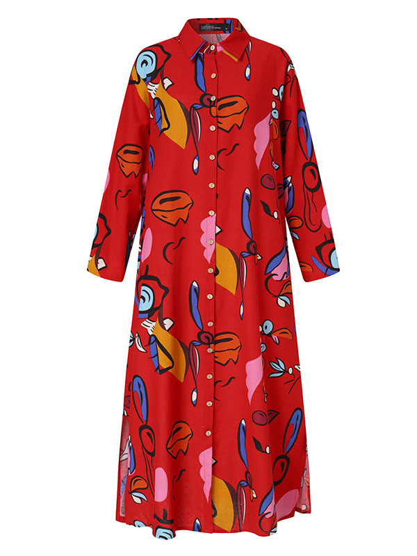 Long Sleeves Loose Buttoned Pockets Printed Lapel Maxi Dresses Shirt Dress