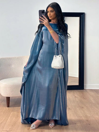Autumn Loose Shiny Maxi Dress ’s Butterfly Batwing Long Sleeve Muslim Clothes Party Dress Female Long Dress New