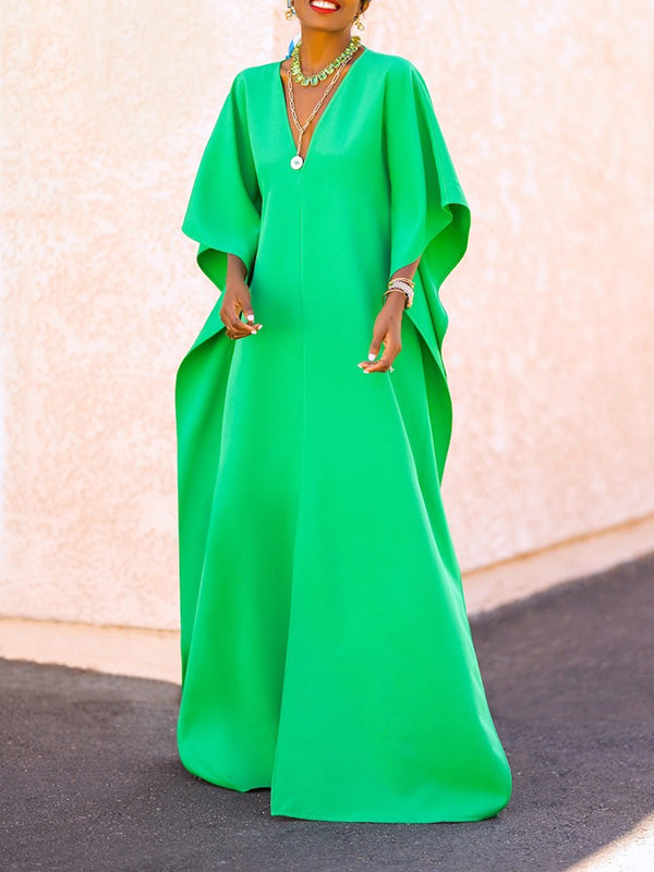 Batwing Sleeves Loose Color Split-side V-neck Maxi Dresses