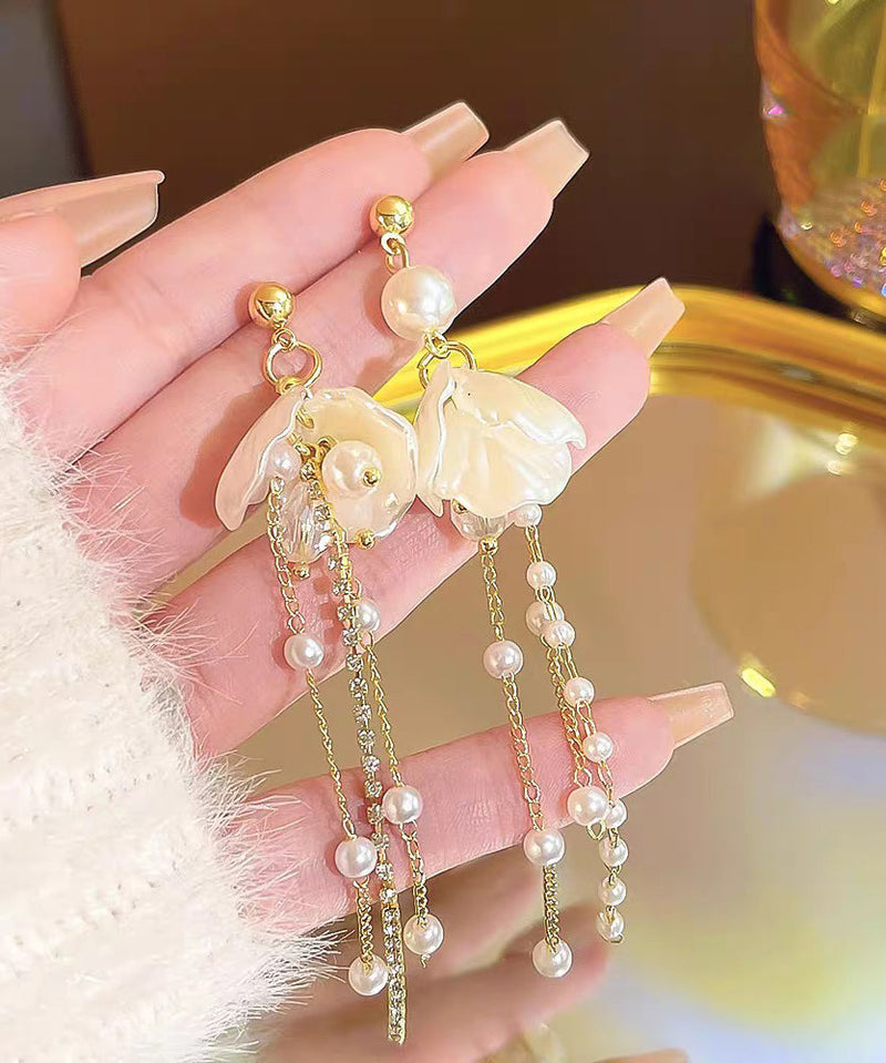Gold Acrylic Alloy Pearl Petal Tassel Drop Earrings