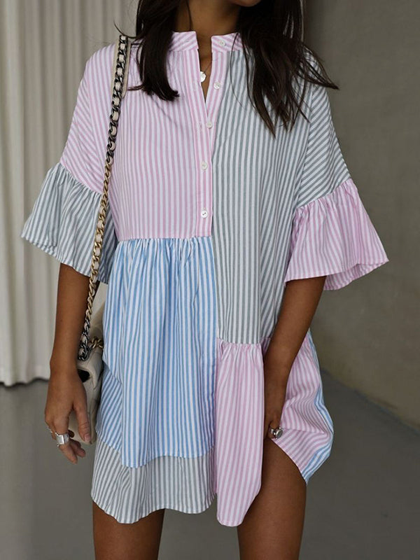 Long Sleeves Loose Buttoned Contrast Color Pleated Split-joint Striped Stand Collar Mini Dresses Shirt Dress