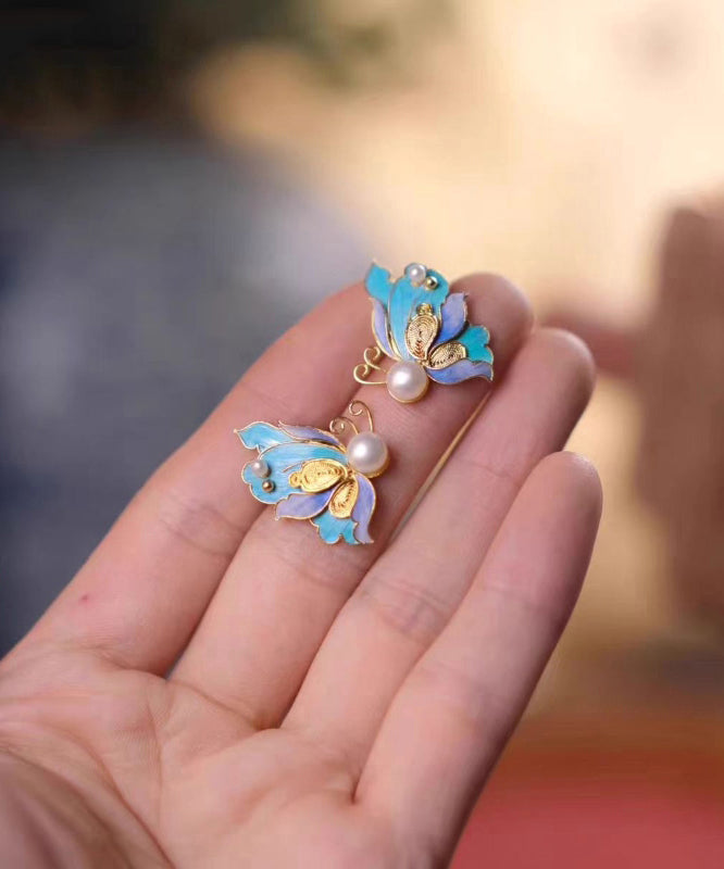 Blue Sterling Silver Overgild Pearl Butterfly Hollow Out Stud Earrings