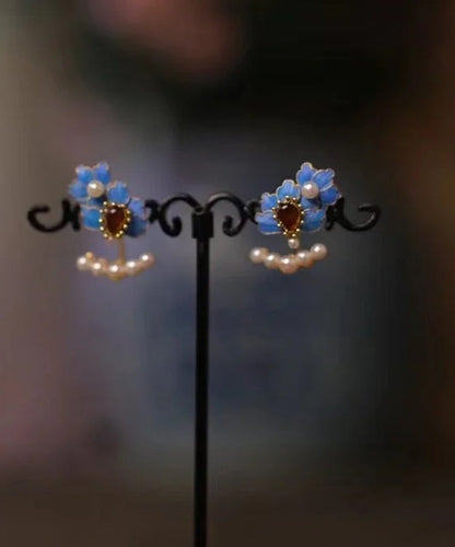 Blue Sterling Silver Overgild Gem Stone Pearl Enameling Tassel Stud Earrings
