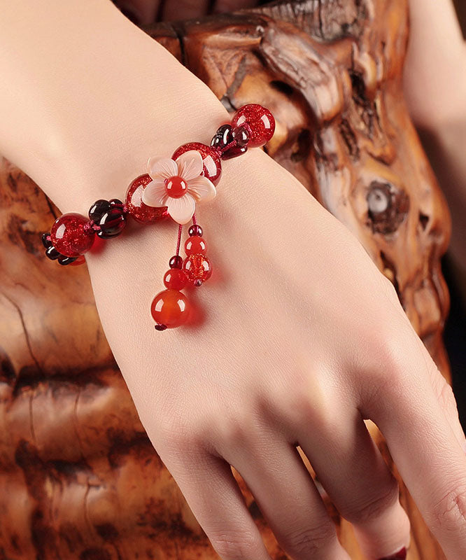 Diy Red Agate Coloured Glaze Shell Flower Garnet Charm Bracelet