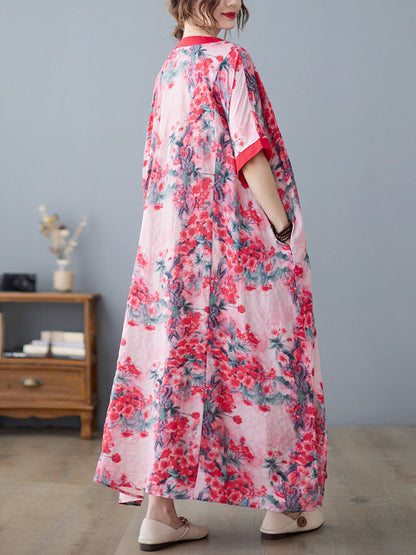 Loose Artistic Retro Printed Split-joint V-neck Midi Dress