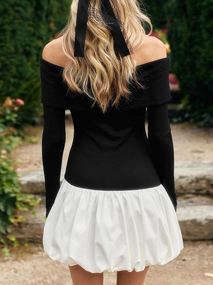 High Waisted Long Sleeves Contrast Color Pleated Split-joint Off-the-shoulder Mini Dresses