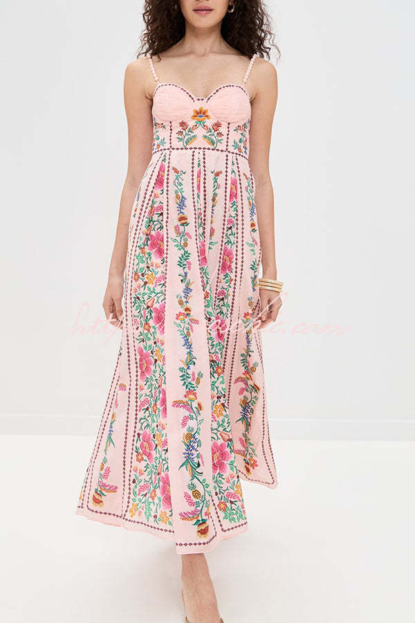Delicate Forest Unique Print Sweetheart Neck Beaded Straps Maxi Dress