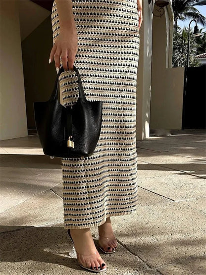 Striped See-through Long Dress Female Sleeveless High Waist Patchwork Beach Dress Knit Maxi Dress Summer