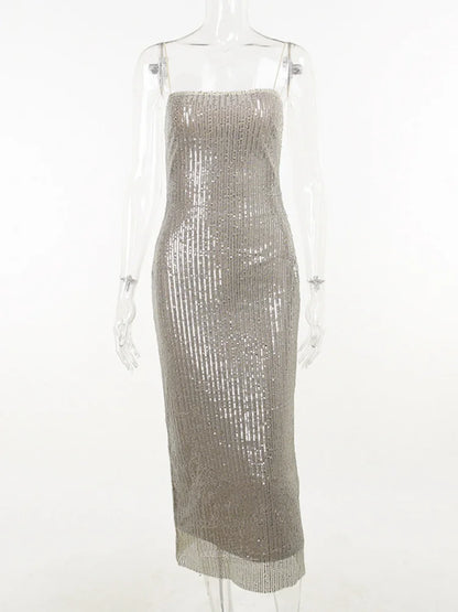Spaghetti Strap Sparkle Maxi Dress Glitter Split Sleeveless Long Dress Party Club Dress