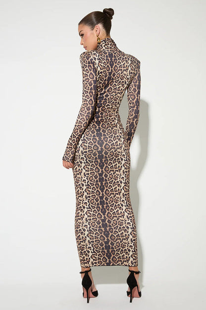 Leopard Mock Neck Bodycon Maxi Dress