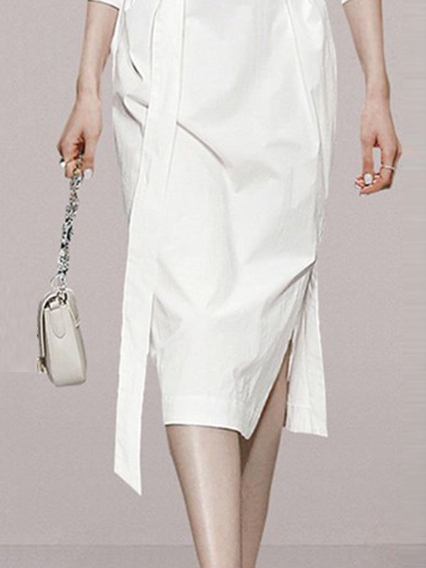 Long Sleeves Loose See-through Split-joint Split-side Tied Waist V-neck Midi Dresses Shirt Dress