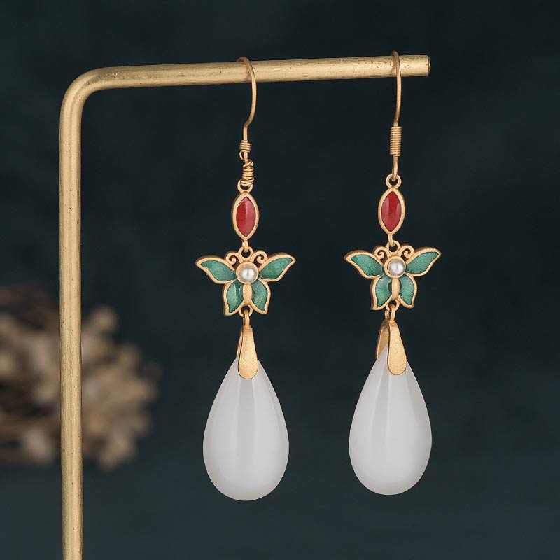 Buddha Stones Fengshui White Jade Luck Drop Earrings