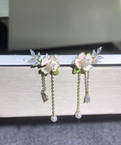 Gold Alloy Zircon Pearl Dripping Glaze Tassel Drop Earrings