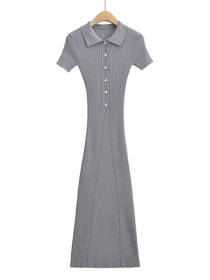 Ribbed High Waist Slim Maxi Dress for Knitwear Lapel Party Dress Gown Short Sleeve Knit Dress