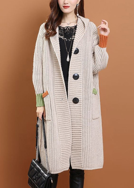 Handmade Grey Pockets Button Cotton Knit Long Hooded Cardigans Winter Wd027