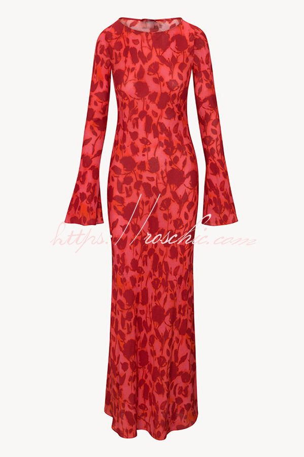 Gia Unique Print Boat Neck Long Bell Sleeve Bias Cut Maxi Dress