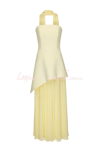 Monaco Off Shoulder Structured Top Chiffon Slit Hem Scarf Maxi Dress