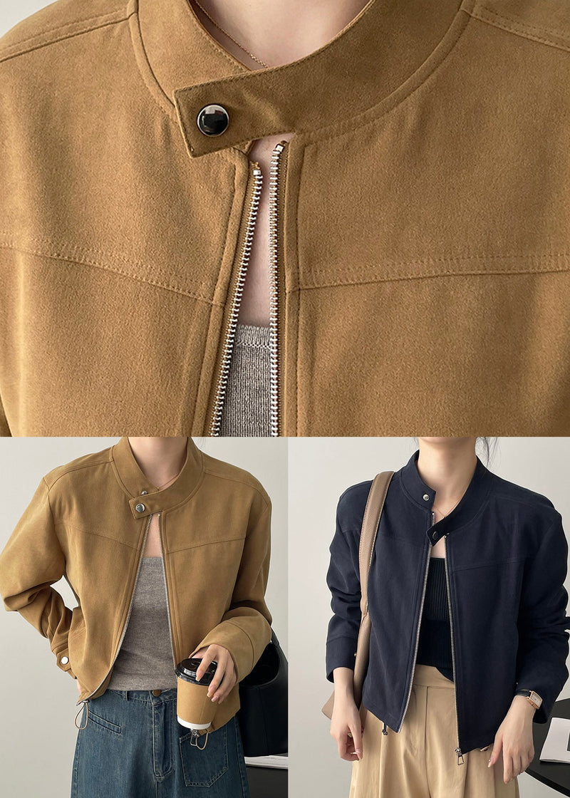 Brown Stand Collar Zippered Faux Suede Coats Fall Wd006