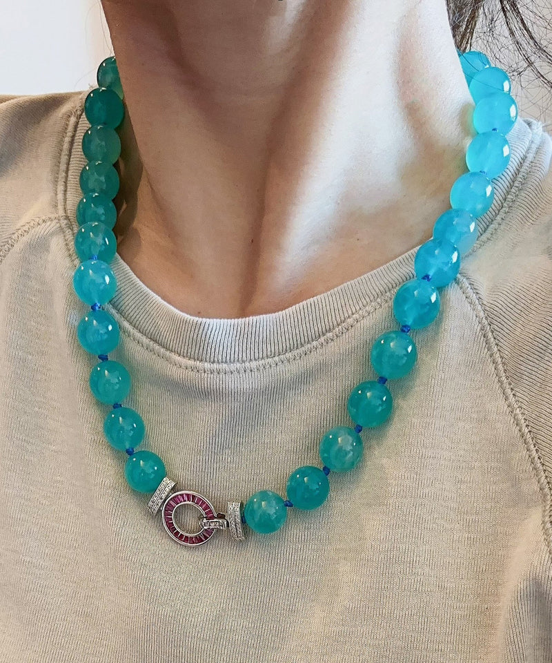 Blue Sterling Silver Crystal Zircon Graduated Bead Necklace