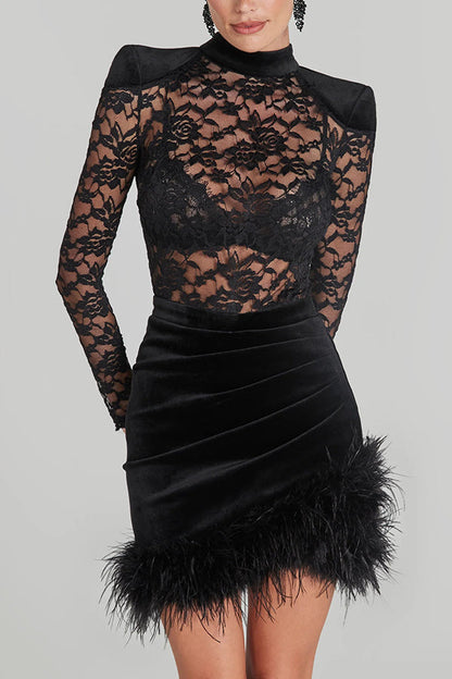 Freya Lace Velvet Patchwork Feather Trim Ruched Stretch Mini Dress