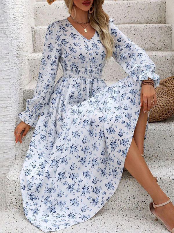 Long Sleeves Loose Elasticity Printed V-neck Maxi Dresses